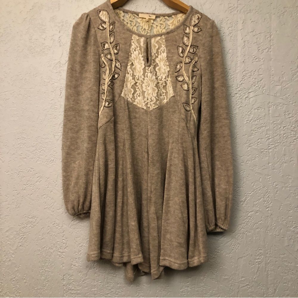 4 for $20 Rye Tunic/Sweater Dress with Embroidery and Lace Detail (S)